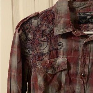 Dark Red & Grey Pop Icon Long Sleeve Button Up (L)